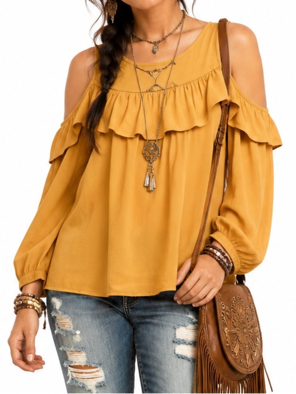 ANTHROPOLOGY MAEVE BOHEMIAN MUSTARD YELLOW RUFFLE  COLD SHOULDER TOP SZ 2